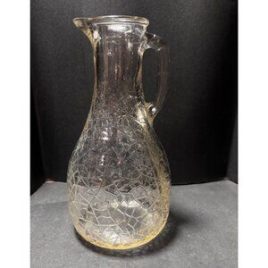 Vintage 1960s Crackle Glass Pitcher With Handle & Spout